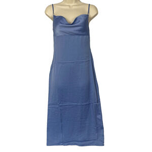 WeWoreWhat Dress Womens 2 Cowl Midi Satin Blue Draped Front Sheath Dressy NEW